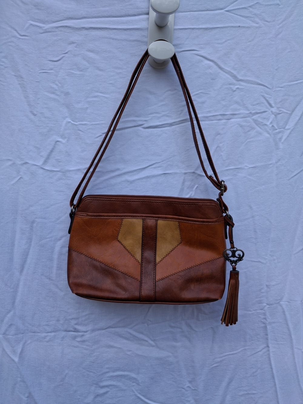 Vintage Bueno Women’s Brown Leather Patchwork Shoulder Bag Purse with Tassel